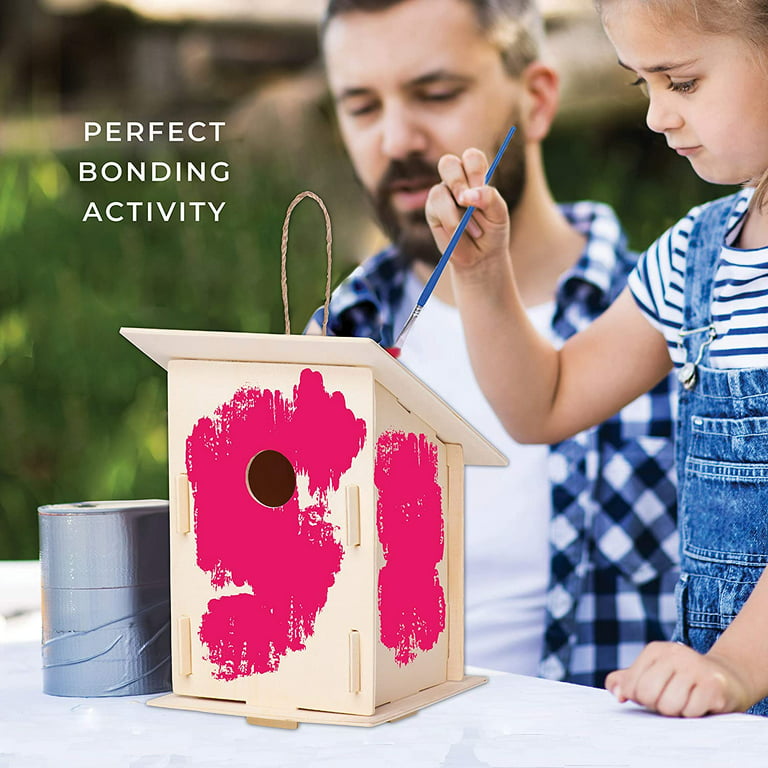 12 Wooden Birdhouses - Crafts for Girls and Boys - Kids Bulk Arts and Crafts Set - 12 DIY Unfinished Wood Bird House Kits, 12 Paint Strips, 12