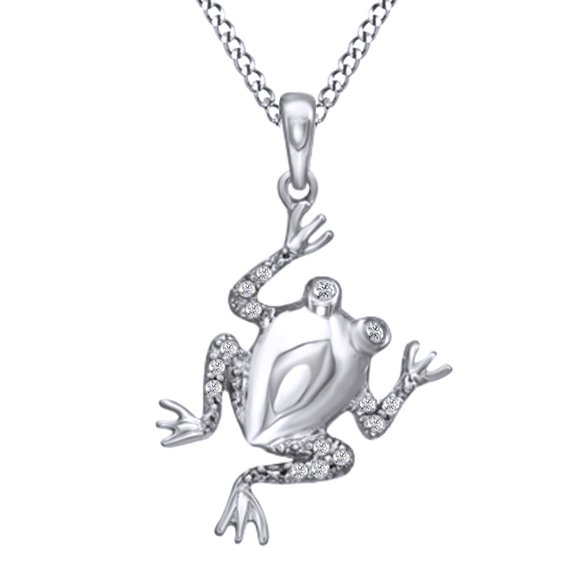 AFFY 1/10 Carat T.W. Natural White Diamond Frog Pendant Necklace in 14K White Gold Over Sterling Silver