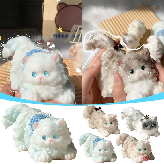 romoty Long-Haired Kitten Silicone Stress Relief Toys, 5.11" x 2.75" x 2.75" Soft Squishy for Anxiety Relief, Desktop Fidget & Cat Lover Gift