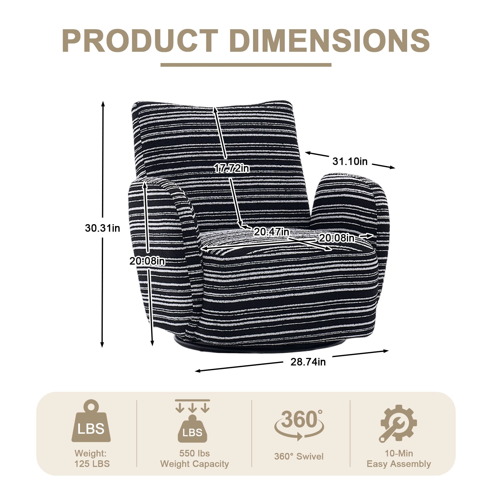 MOONMISS 360° Swivel Leisure Accent Chair with Striped Armrest, Sand-rimmed Fabric and Metal Base, Modern Style Armchair with Thick Cushion for Living Room, Bedroom and Balcony, Black