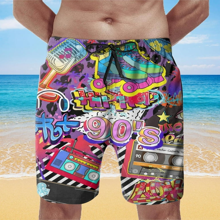 PMUYBHF Men's Swim Trunks 7 Inch Inseam Mens 80S 90S Swim Shorts Retro Fun  Novelty Party Shorts Mesh Lined Swimwear Shorts Mens Swim Shorts 7 Inch