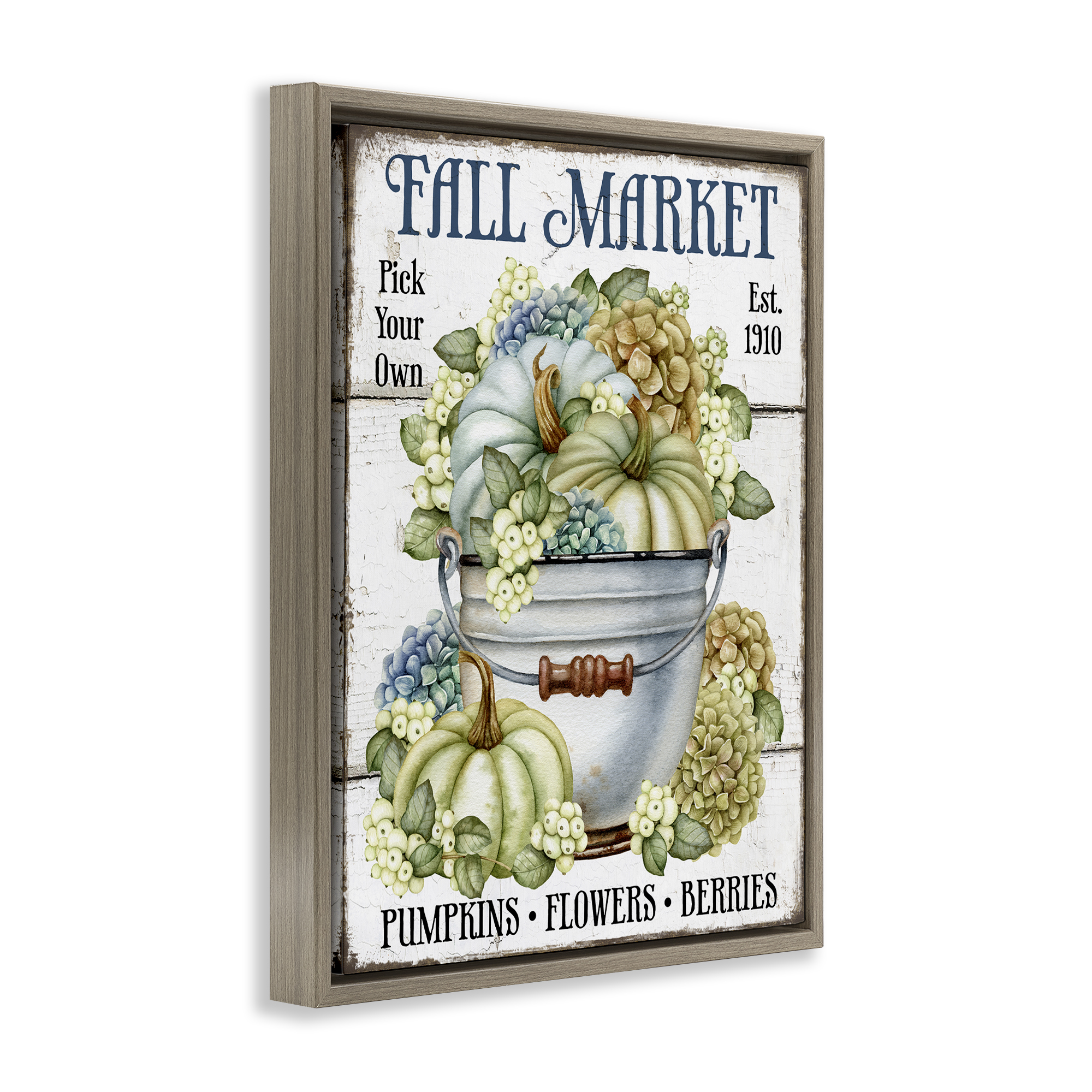 Stupell Industries Vintage Pumpkins & Hydgrangea Holiday Painting Brown Floater Framed Canvas Art Prints Wall Art, 25 x 31