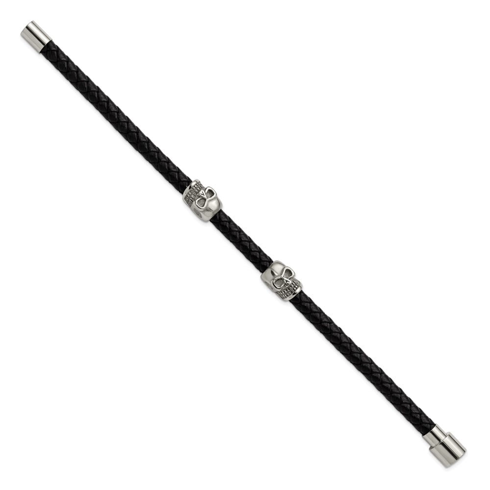Diamond2Deal Stainless Steel Polished Skull Beads on Black Leather Bracelet for Men 8.75"
