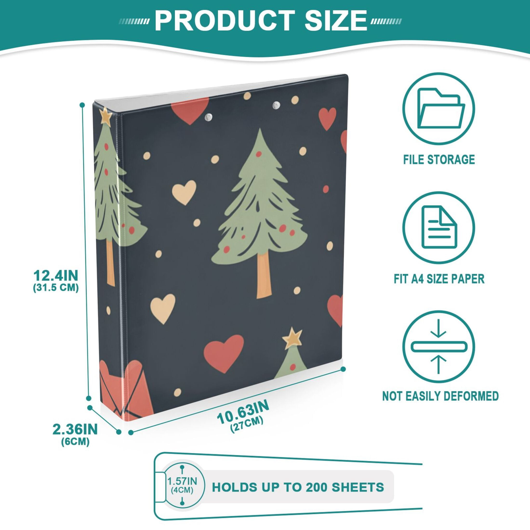 Christmas Pine Trees and Mails 3 Ring Binders 1.5 inch Hardcover File Folders with Interior Pockets A4 Size Organizer for School Office Hospital