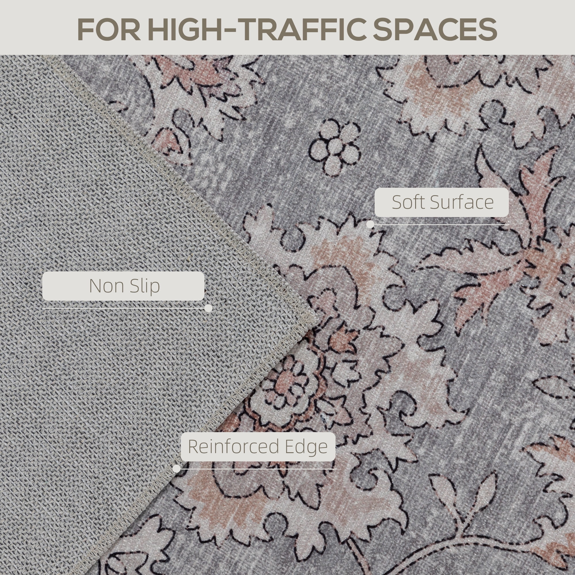HOMCOM Machine Washable Area Rug 8x10, Non-Slip Traditional Flower Print Floor Carpet for Living Room, Bedroom, Dining Room, Grey and Brown