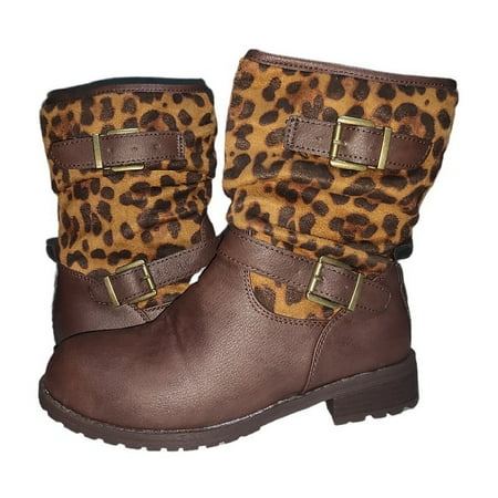 

Autumn Winter Leopard Print Mid-tube Round Toe Knight Boots With Belt Buckle Low Heel Women Boots