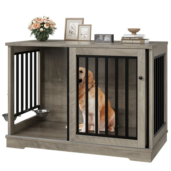 Homfa Dog Crate Furniture, 47.2''W Wooden Indoor Dog Cage Table with Sliding & Lockable Doors, Gray