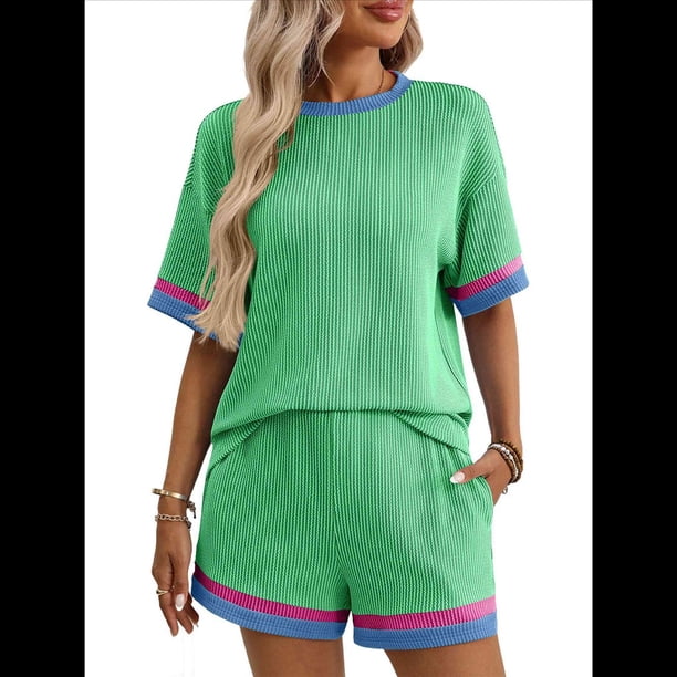 Conjuntos de Dos Piezas para Mujer: Sudadera Informal de Corta, Pantalones Cortos A Juego, Chándal Verde L