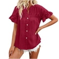 thumbnail image 1 of Timegard Tops for Women Ruched Ruffle Short Sleeve Stand Collar Shirts Casual Loose Button up Blouse, 1 of 5