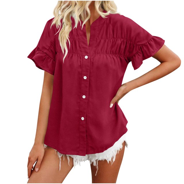 Timegard Tops for Women Ruched Ruffle Short Sleeve Stand Collar Shirts Casual Loose Button up Blouse