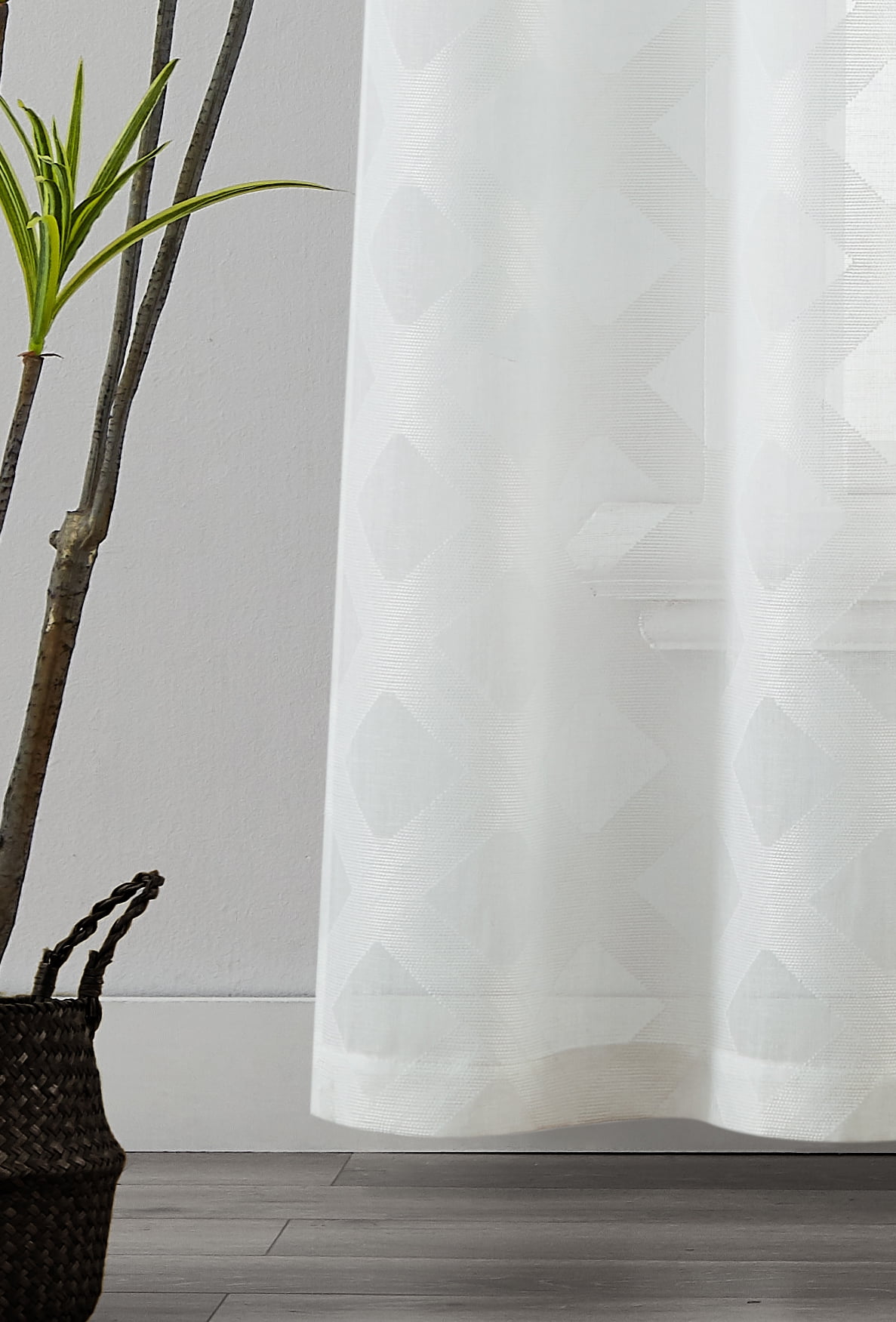 Dainty Home Diamonds Linen Look Boho Semi-Sheer Fabric With Geometric Modern Embroidered Geometric Diamonds Textured Designed Curtain Panel Pair Grommet Panel Pair 2 Curtain Panels 76" x 84" in White