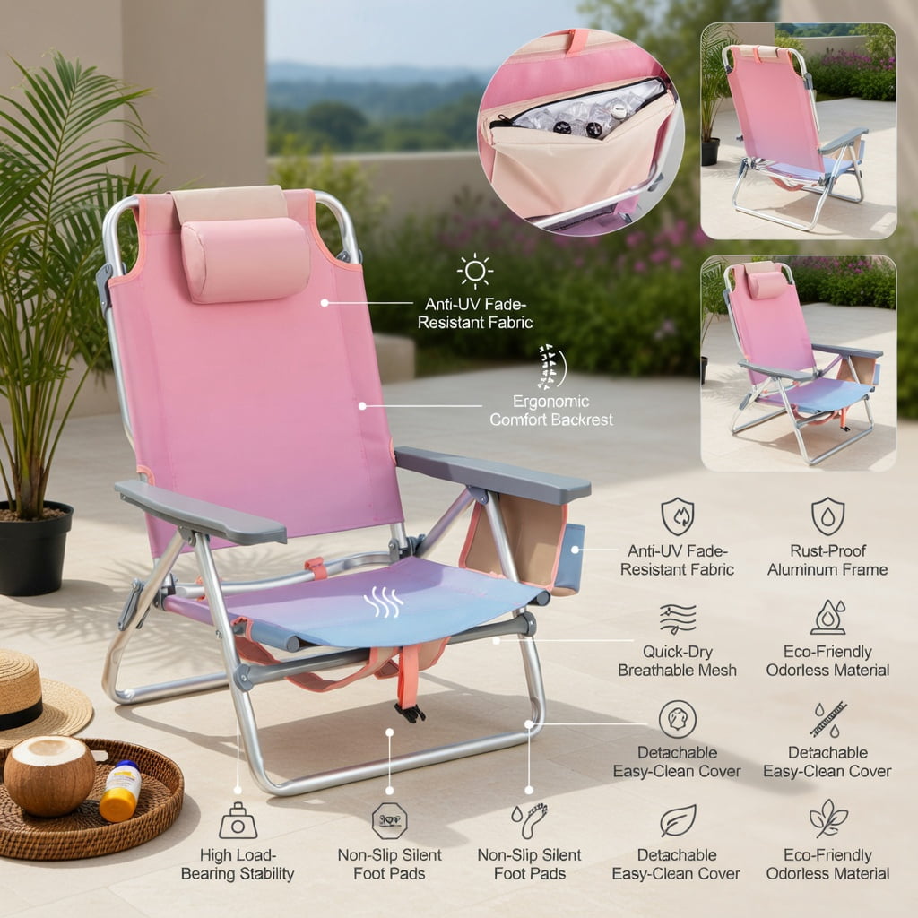 Hommoo 2-Pack Portable Beach Chairs with 5-Position Recline, Padded Headrest & Insulated Cooler Bag, Gradient Pink