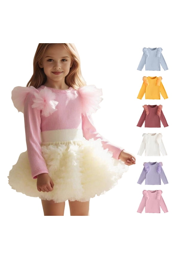 Girls (2-8Y) Ribbed Base Layer Top Kids Mesh Long Sleeve Crew Neck Thermal Shirt Solid Color Casual Top for Fall Winter Daily Outings