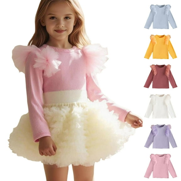 AHTJRT Long Sleeve Sweaters for Girls Sheer Ruffle Shoulder Crewneck Pullover Casual Cotton Stretch Soft Lightweight Ribbed Knit Tops White 6-7 Years