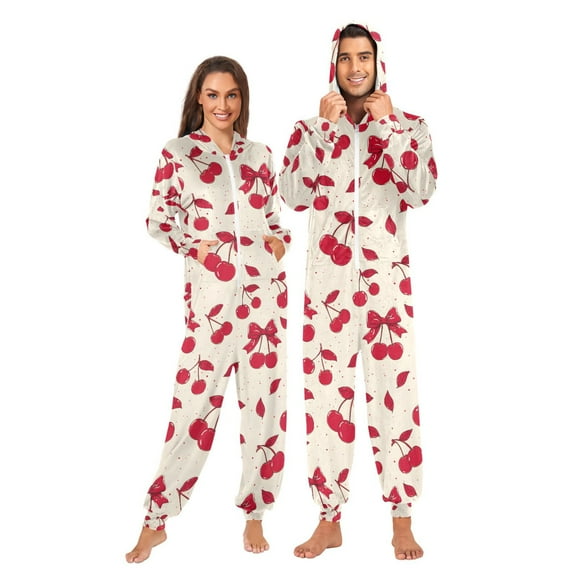 Adult Christmas Onesie Red Bow Cherry Adult Zipper One-Piece Pajamas Unisex Pajamas with Pockets