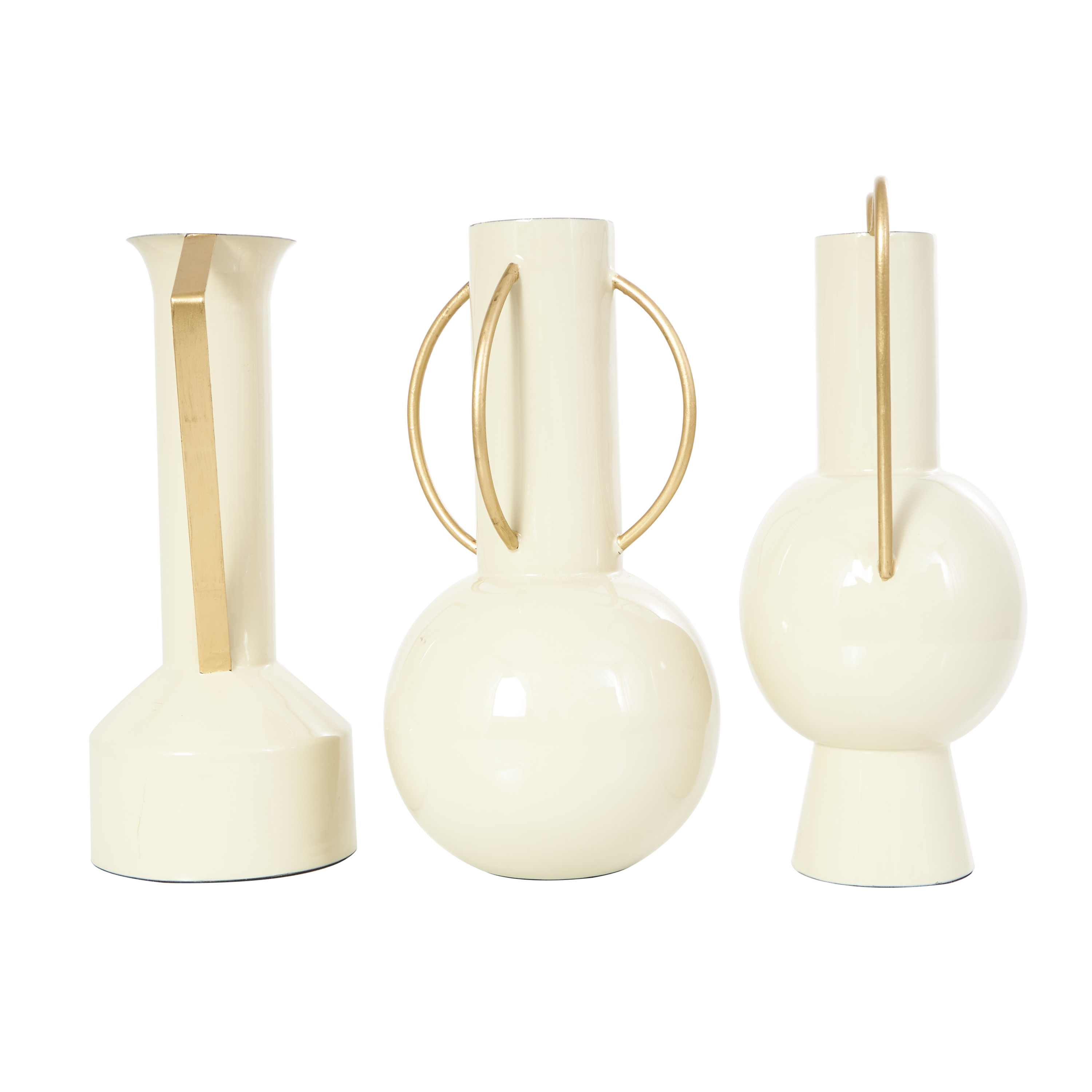 CosmoLiving by Cosmopolitan 11", 12", 12"H Abstract Cream Metal Vase with Varying Shapes and Geometric Gold Handles, Set of 3