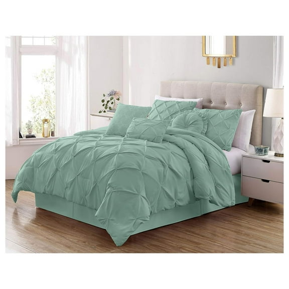 Sydney King Size Comforter Set - 7-Piece Pintuck Bedding - Seafoam Green, Lightweight Pinch Pleat Comforter with Decorative Pillows Bed Set for All Season
