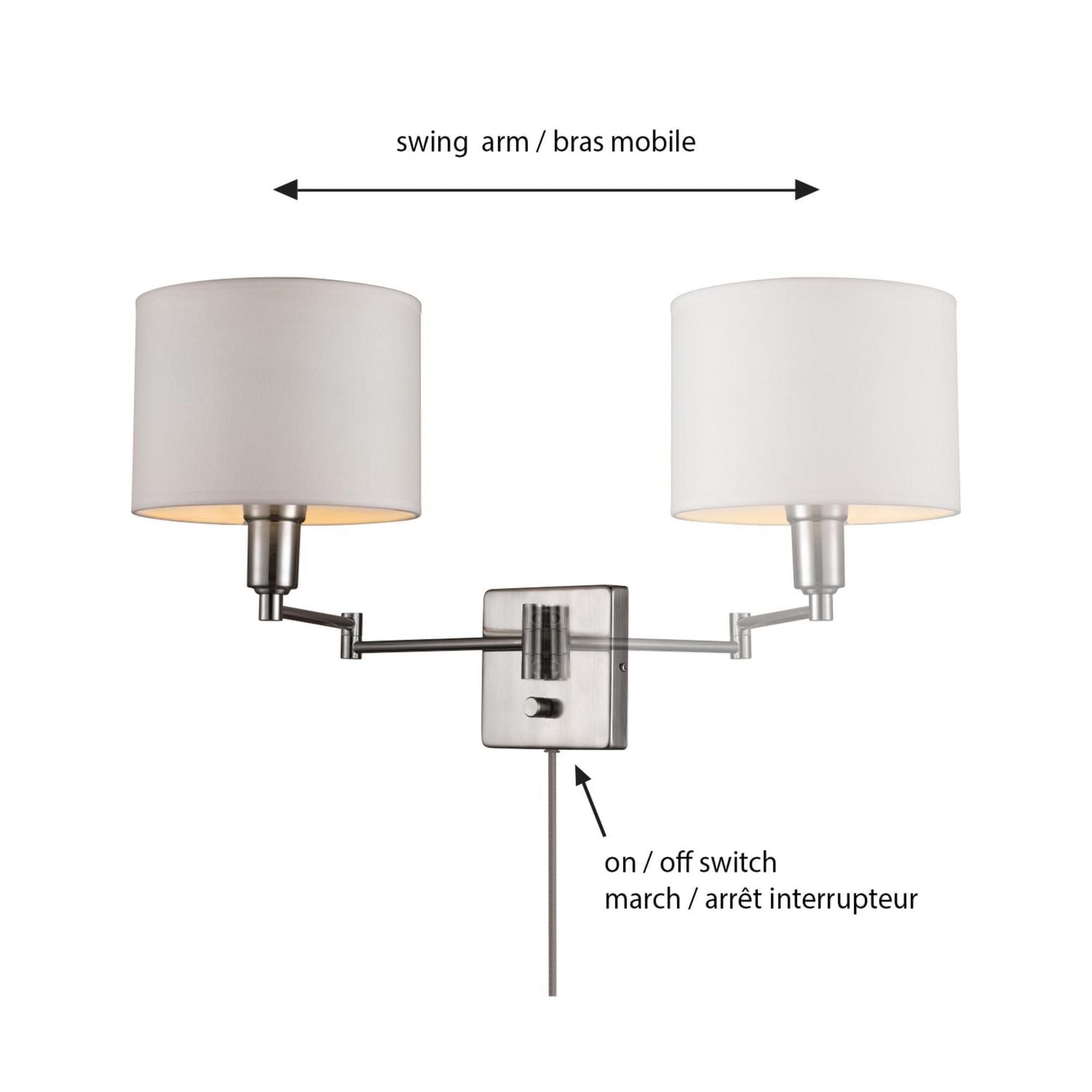 Applique murale en métal à 1 lumière Bernard par Globe Electric, prise murale ou kit de conversion pour câblage intégré, interrupteur rotatif marche/arrêt, abat-jour en tissu blanc, cordon d’alimentat