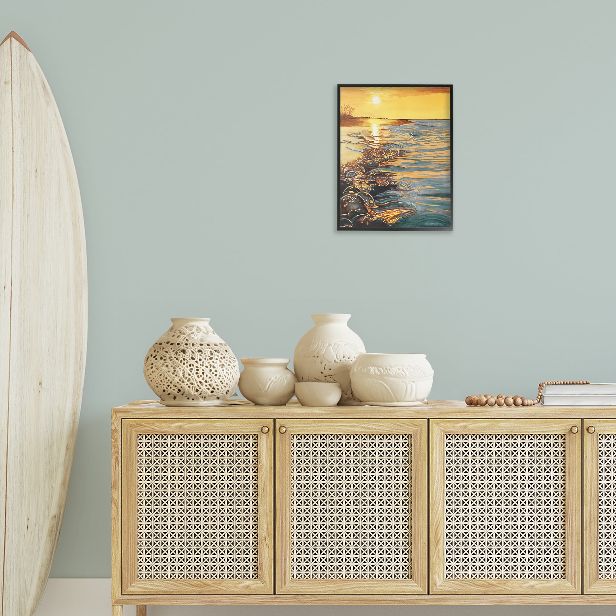 Stupell Industries Saltwater Beach Sunset Landscape Painting Black Framed Art Print Wall Art, 16 x 20