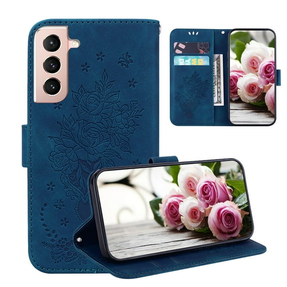 Embossed Wallet Case For Samsung Galaxy S21 FE , Retro PU Leather Butterfly Rose Pattern Card Slots Cash Pocket Flip Stand Magnetic Closure Protective Cover For Samsung Galaxy S21 FE,Blue