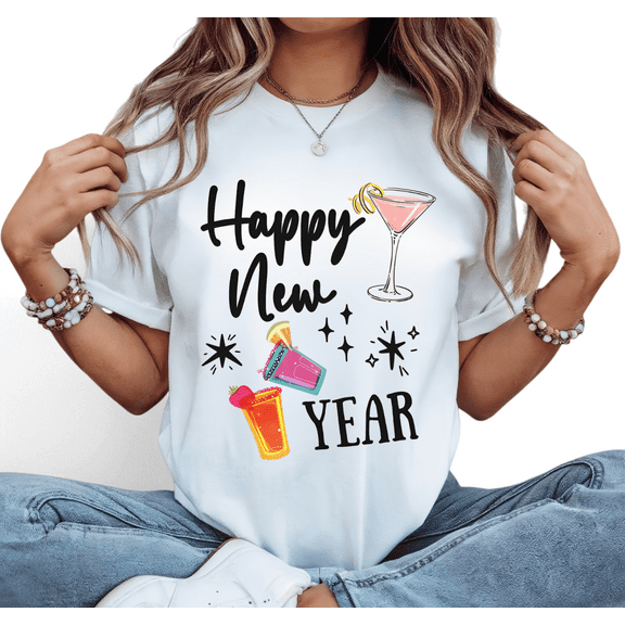 Women's Vibrant Happy New Year Comfortable T-Shirt Casual Top Colorful Cocktail Graphic Short Sleeve Round Neck White S-5XL