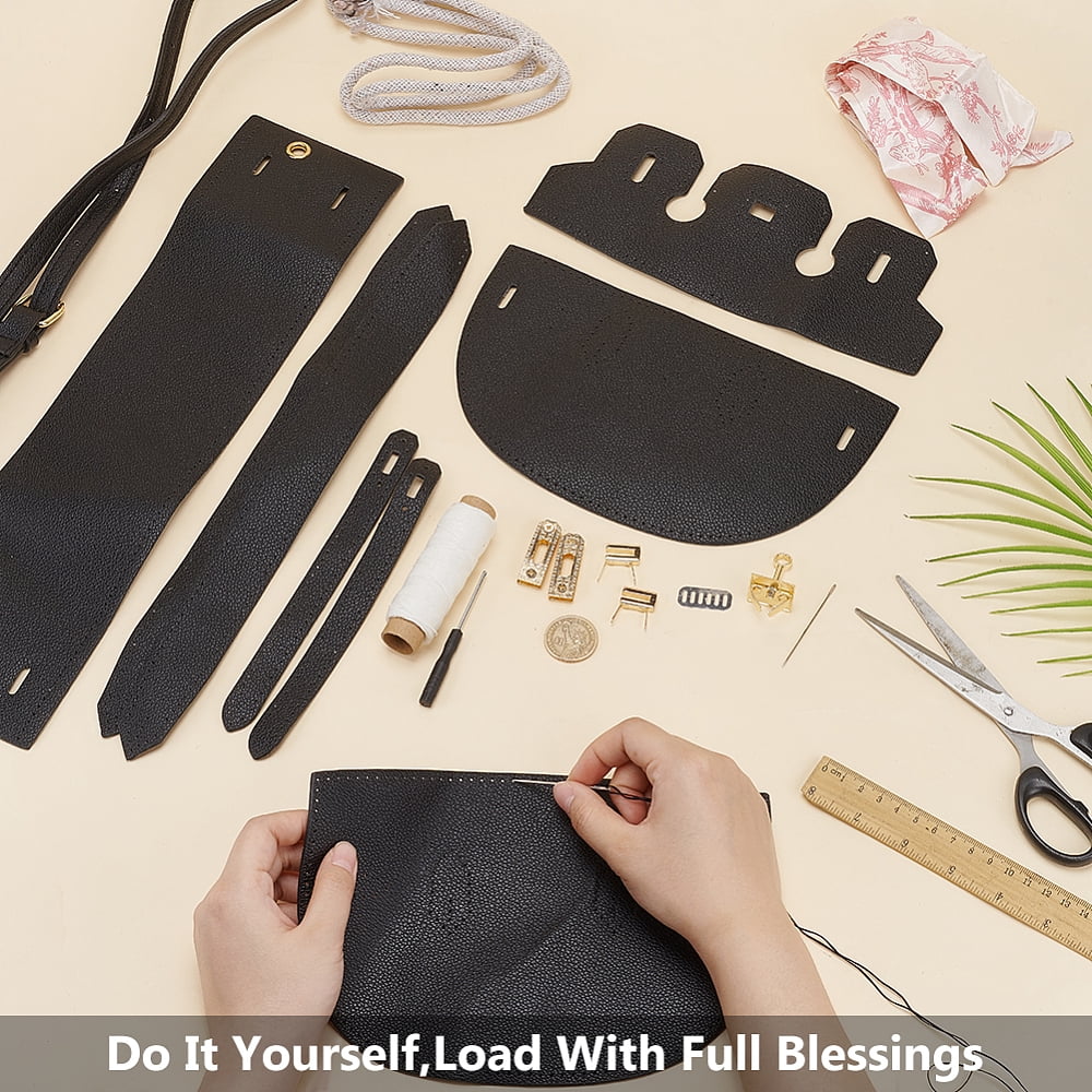 DIY Imitation Leather Crossbody Bag Kits including PU Leather Fabrics Silk Ribbon Cord Threads Needles Screwdriver Alloy Findings Shim Black DIY