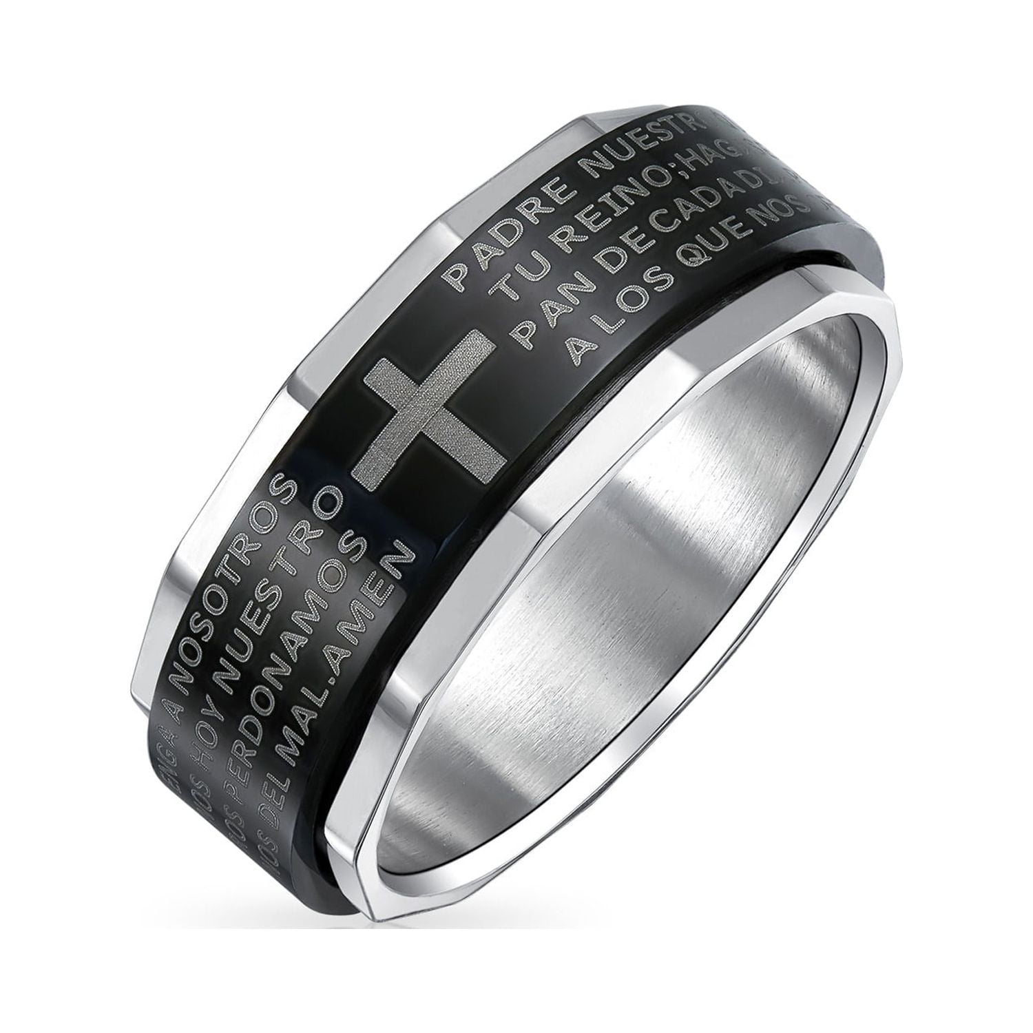 Bling Jewelry Mens Religious Cross Words Lords Prayer Band Ring 2-Tone Black Stainless Steel