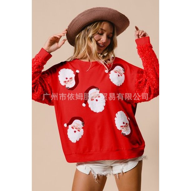 Sudadera navideña con lentejuelas para mujer, camisetas con gráficos bonitos para vacaciones, sudadera de manga larga con cuello redondo y lentejuelas que combina con todo