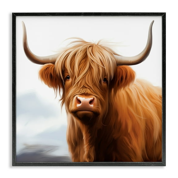 Stupell Industries Long Horn Highland Cow Portrait Animals Painting Black Framed Art Print Wall Art, 12 x 12