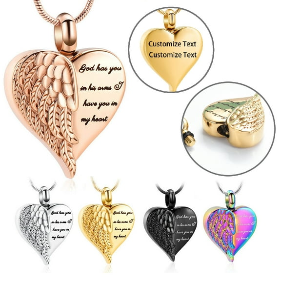 Personalize Heart Necklace Pendant With Angel Wing Cremation Jewelry Urn Necklaces for Ashes Memorial Keepsake Necklace - God Has You in His Arm I Have You in My Heart