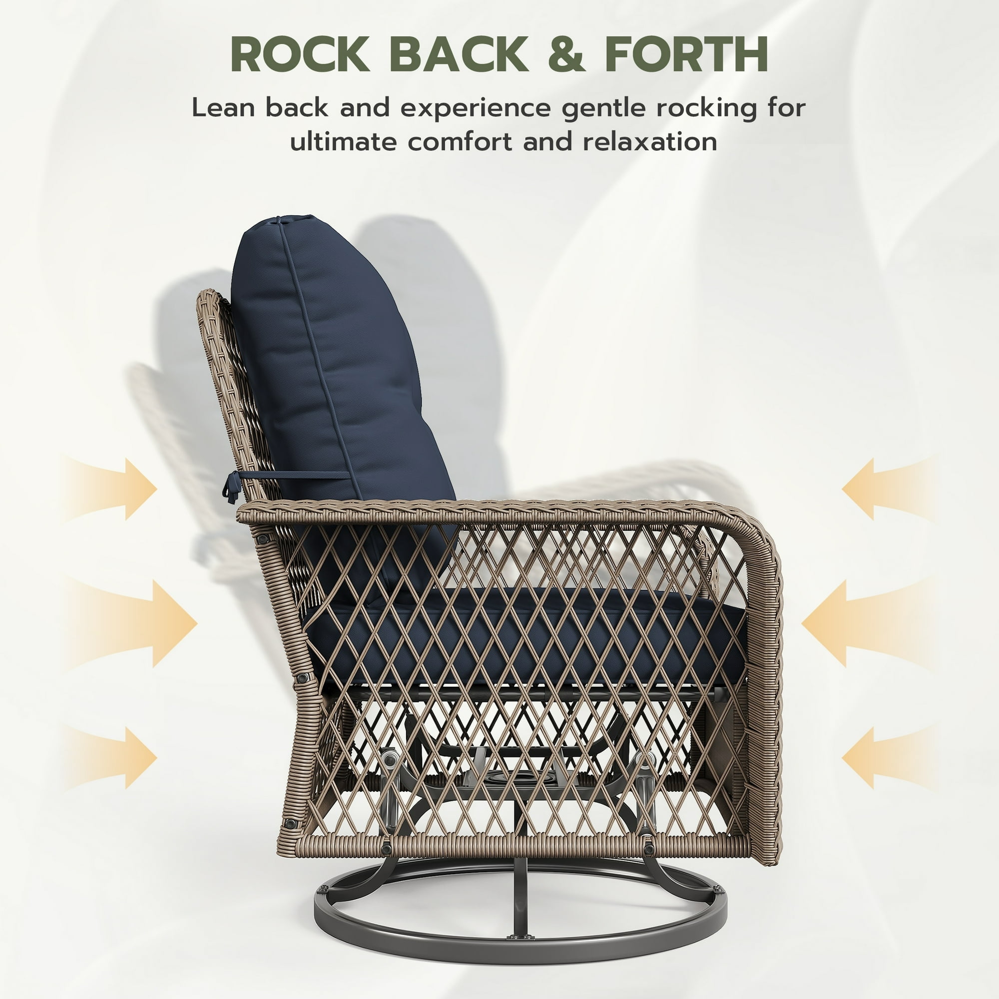 POTEBAN 3 Pieces Patio Furniture Set, Outdoor Swivel Gliders Rocker, Glass Top Side Table (Navy Blue)