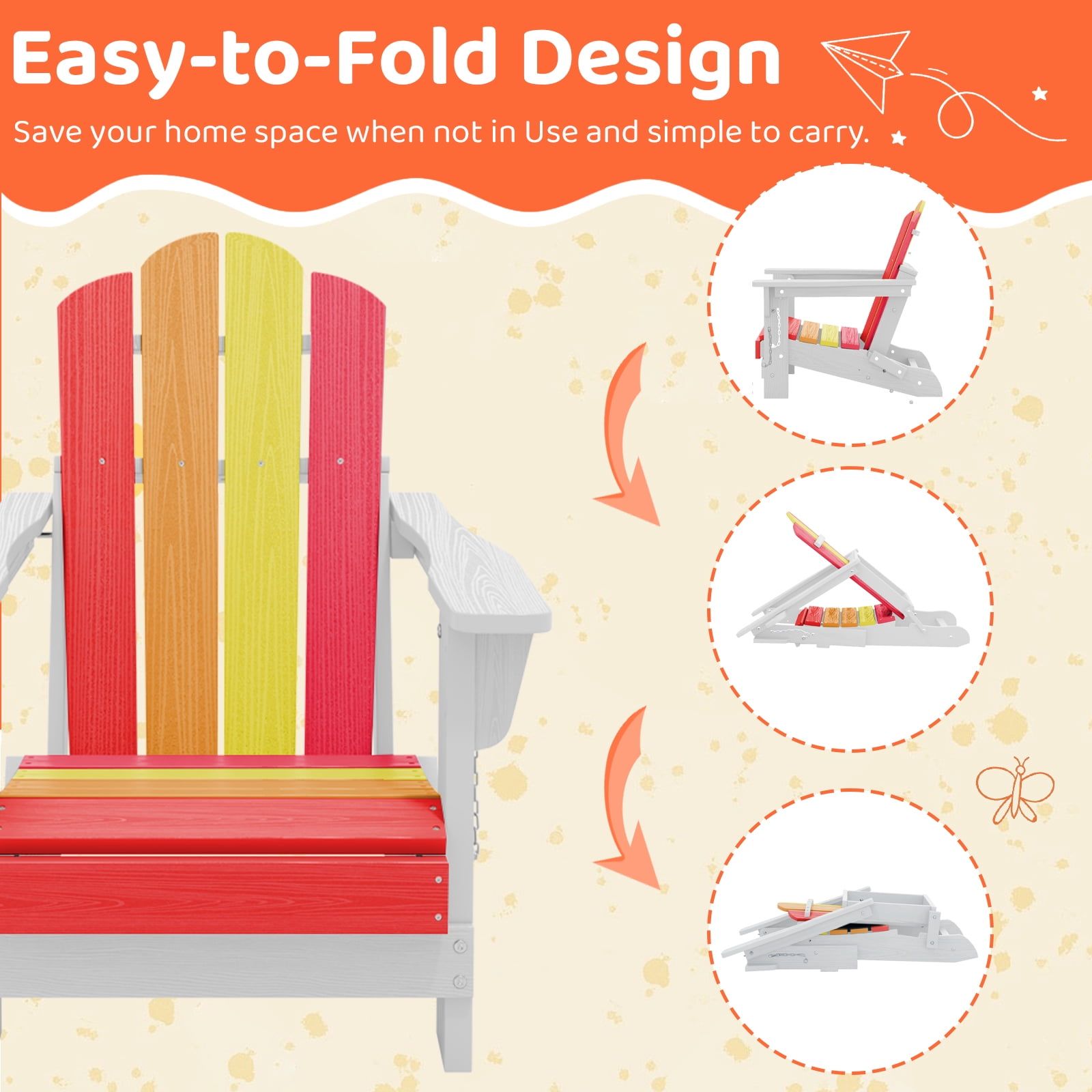 RIAFUN HDPE Adirondack Kids Outdoor Chair, Foldable & Weather-Resistant Toddler Patio Chair for Garden Lawn Yard Deck,Red-to-Pink Gradient