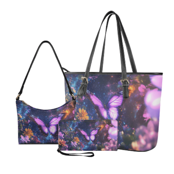 Tutolipy Galaxy Butterfly Floral 3 Piece Purse for Ladies, Durable Lightweight Sling Bag, Clutch Wallet for Trips Shopping