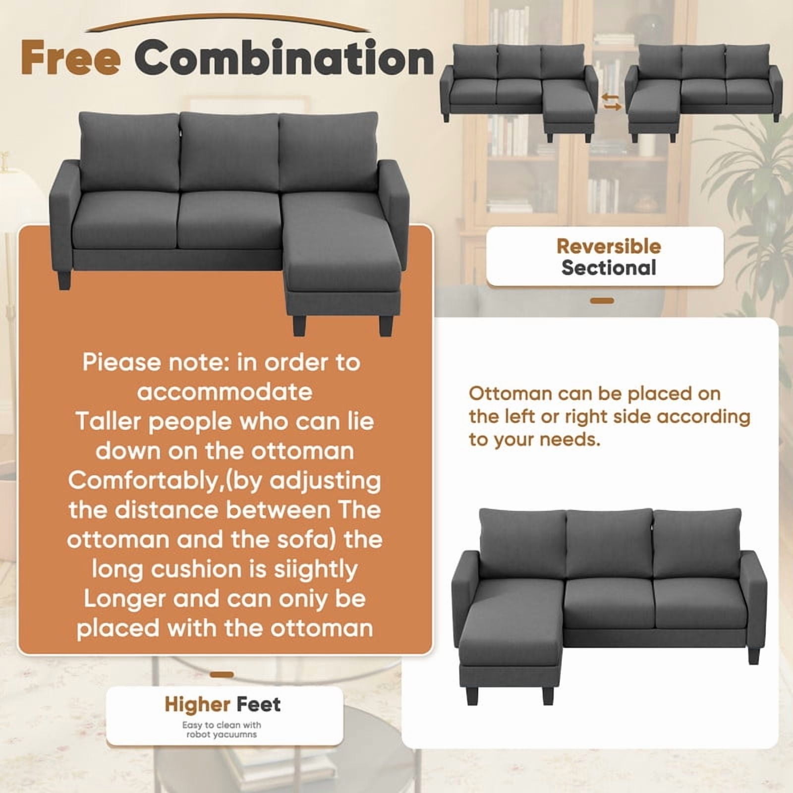 Homall Convertible Sectional Sofa Couch, Modern Linen Fabric L-Shaped Couch 3-Seat Sofa Sectional with Reversible Chaise for Small Living Room, Apartment and Small Space, New Dark Gray