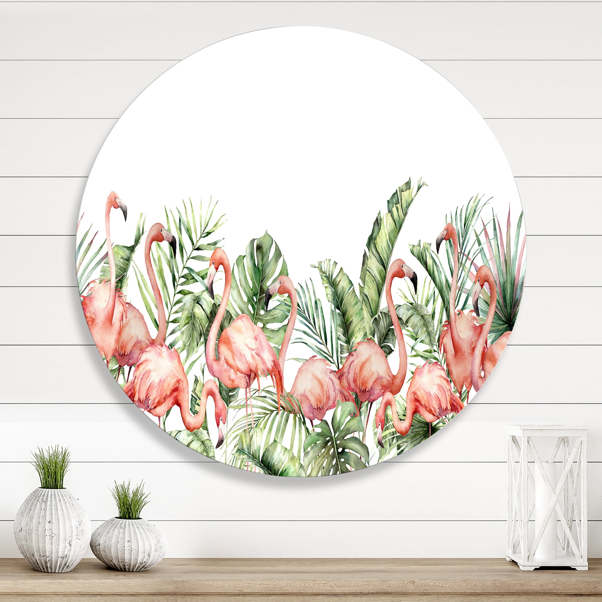 Designart 'Palm Leaves and Pink Flamingos Tropical Birds' Traditional Circle Metal Wall Art 11x11 - Disc of 11