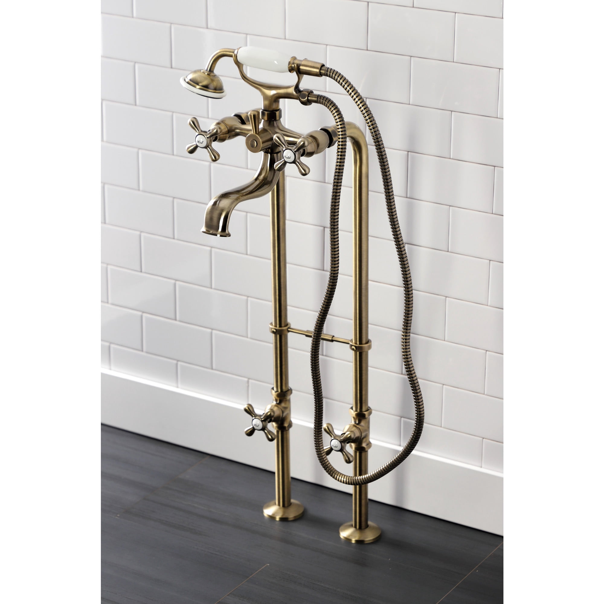 Kingston Brass CCK226K3 Kingston Freestanding Clawfoot Tub Faucet Package with Supply Line, Antique Brass