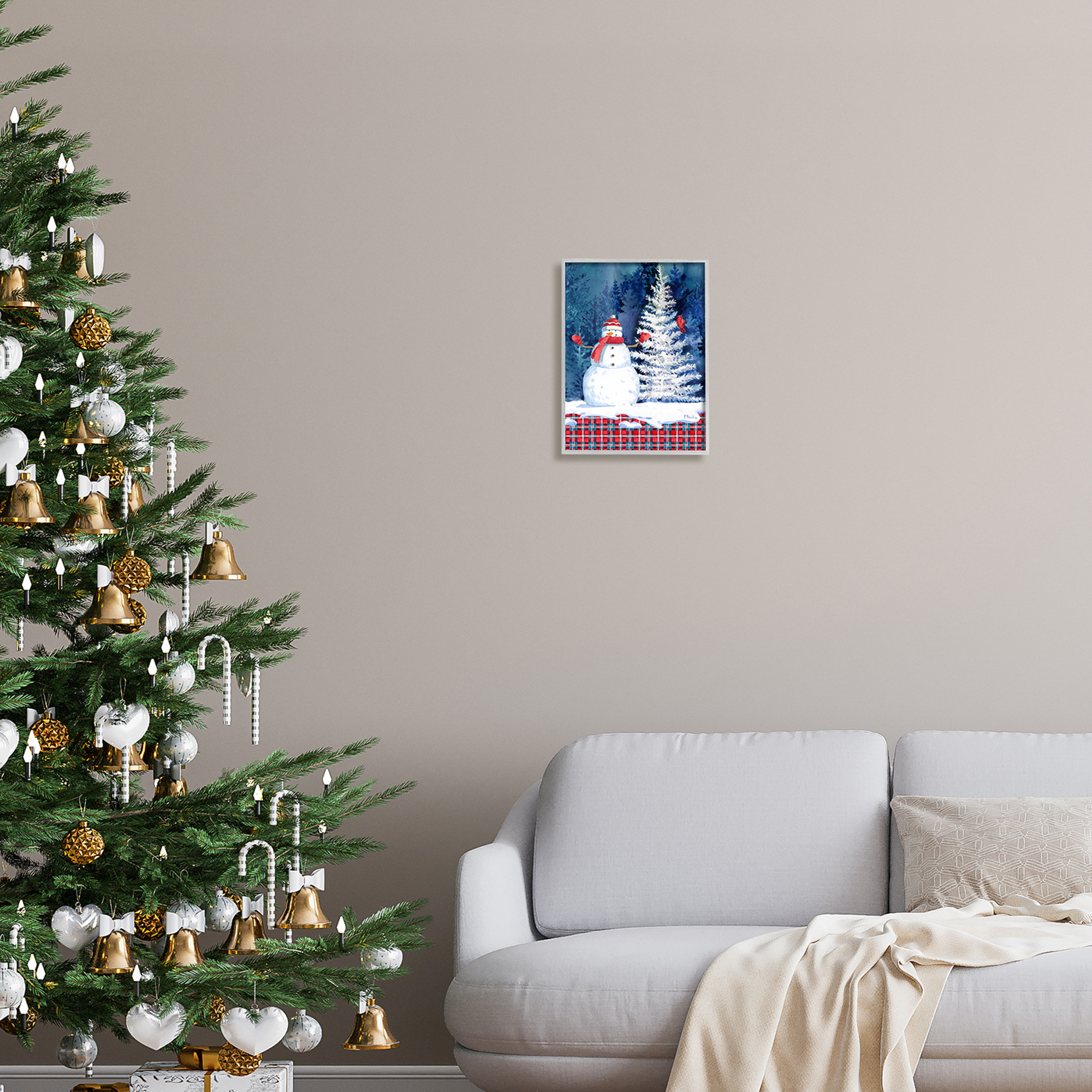 Stupell Industries Winter Snowman on Plaid Holiday Painting Gray Framed Art Print Wall Art, 11 x 14