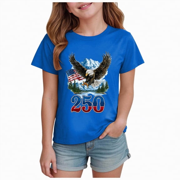 mgoYE Girls Boys American Flag Shirts USA Flag Stars Stripes Graphic Blouse Patriotic Shirt 4th of July T Shirt Summer Tops Tee America 250th Anniversary Shirt Girls(Blue,13-14 Years)