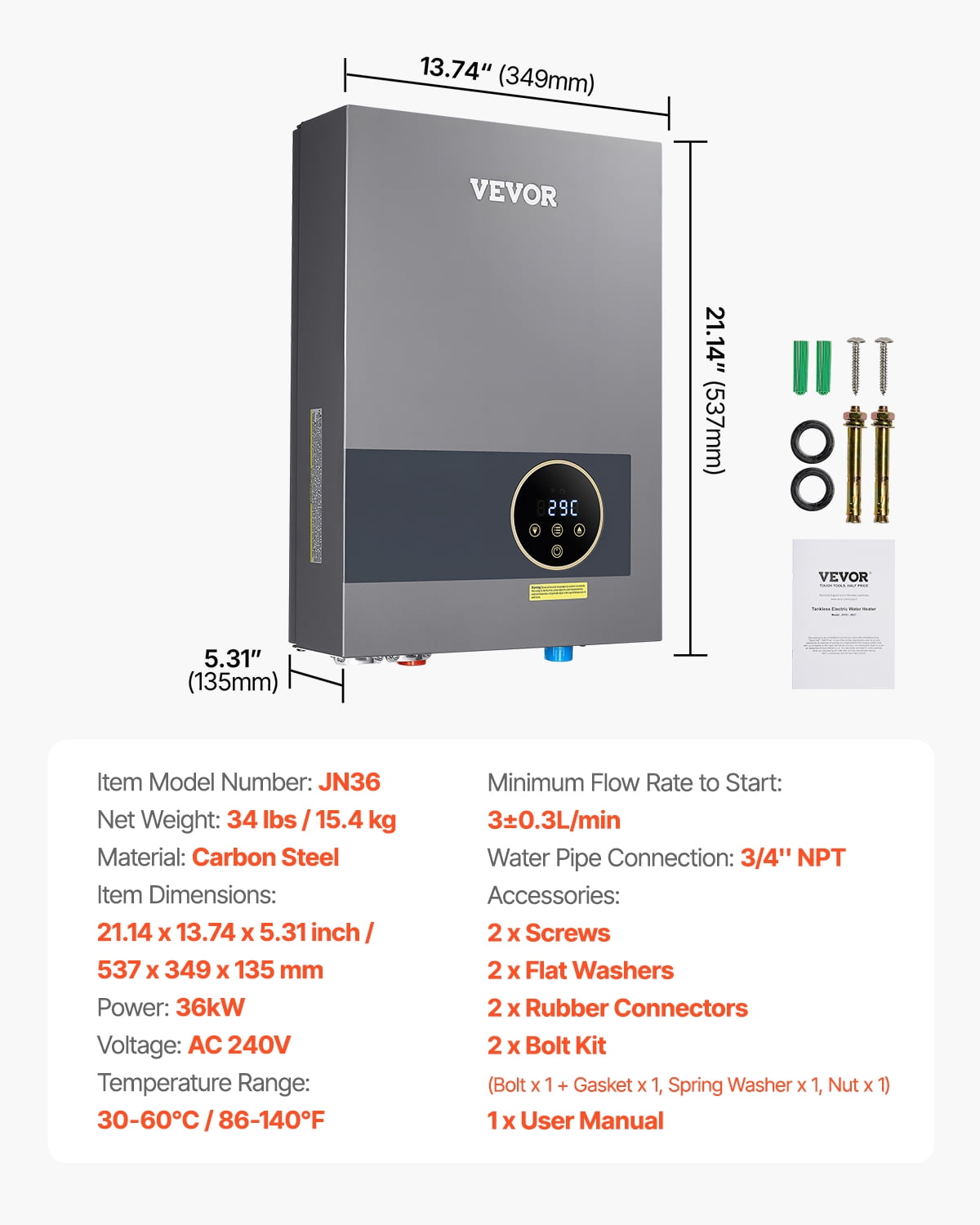 VEVOR Tankless Electric Water Heater, 36kW Instant Hot Water Heater Under Sink, On Demand for Bathroom, Kitchen, Office with LCD Touch Screen, Child Security Lock ,Space-Saving, 240V