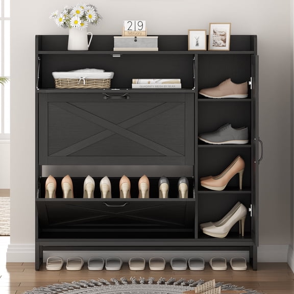 Shoe Storage Cabinet with 2 Flip Drawers, Narrow Free-Standing Shoe Organizer with Adjustable Side Cabinet for Entryway and Living Room, Black Plus