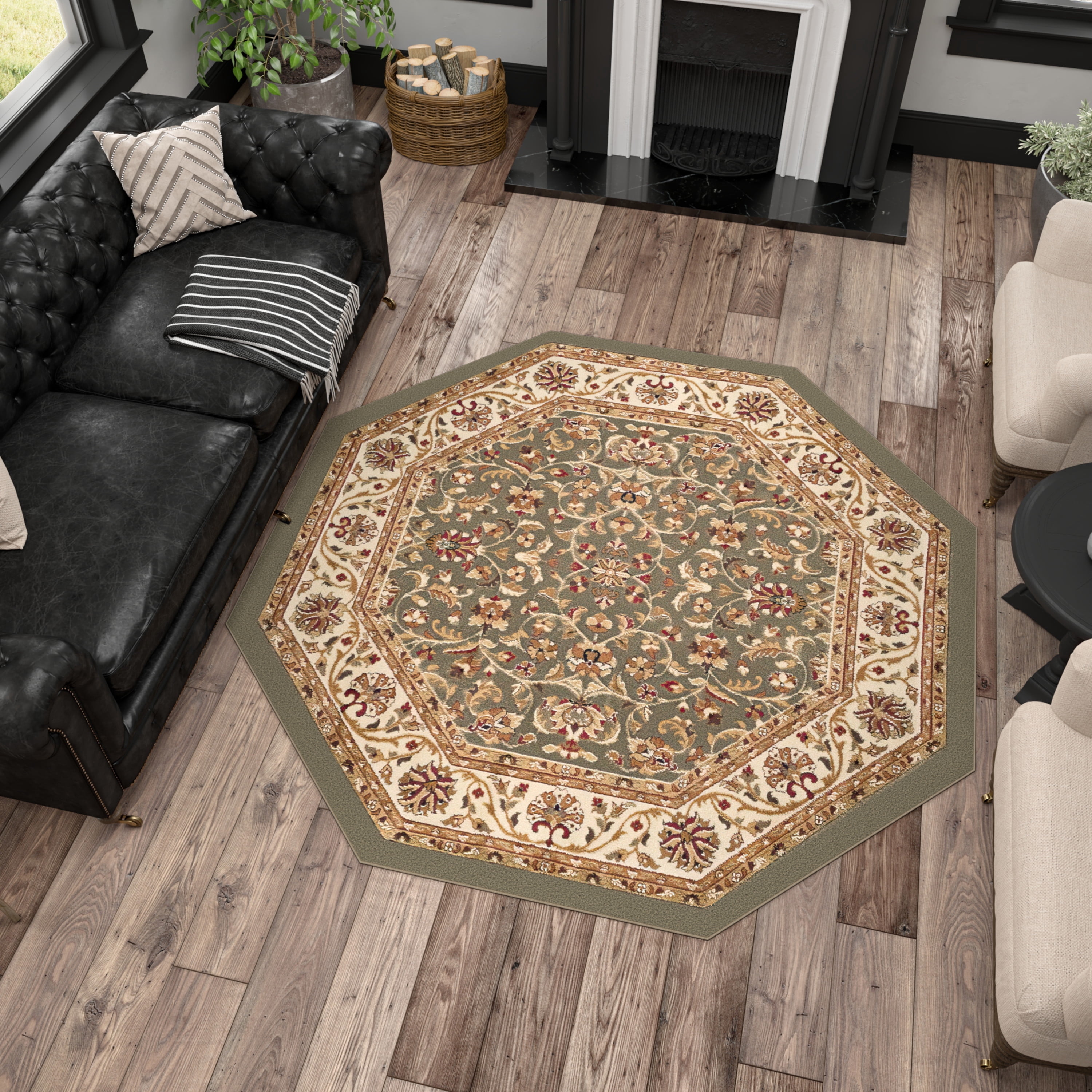 Sensation Traditional 5' Octagon Green and Beige Polypropylene Indoor Area Rug