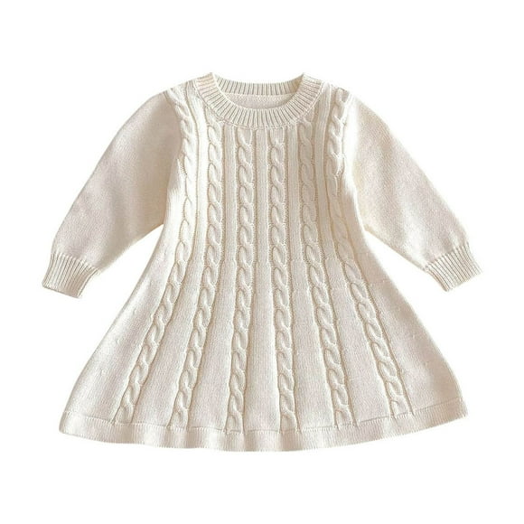 Zwiiyzr 2025 Baby Girl Knit Dress Long Sleeves Sweater Dress Toddler Solid Color Fall Winter Outfits 6M-6Y Beige