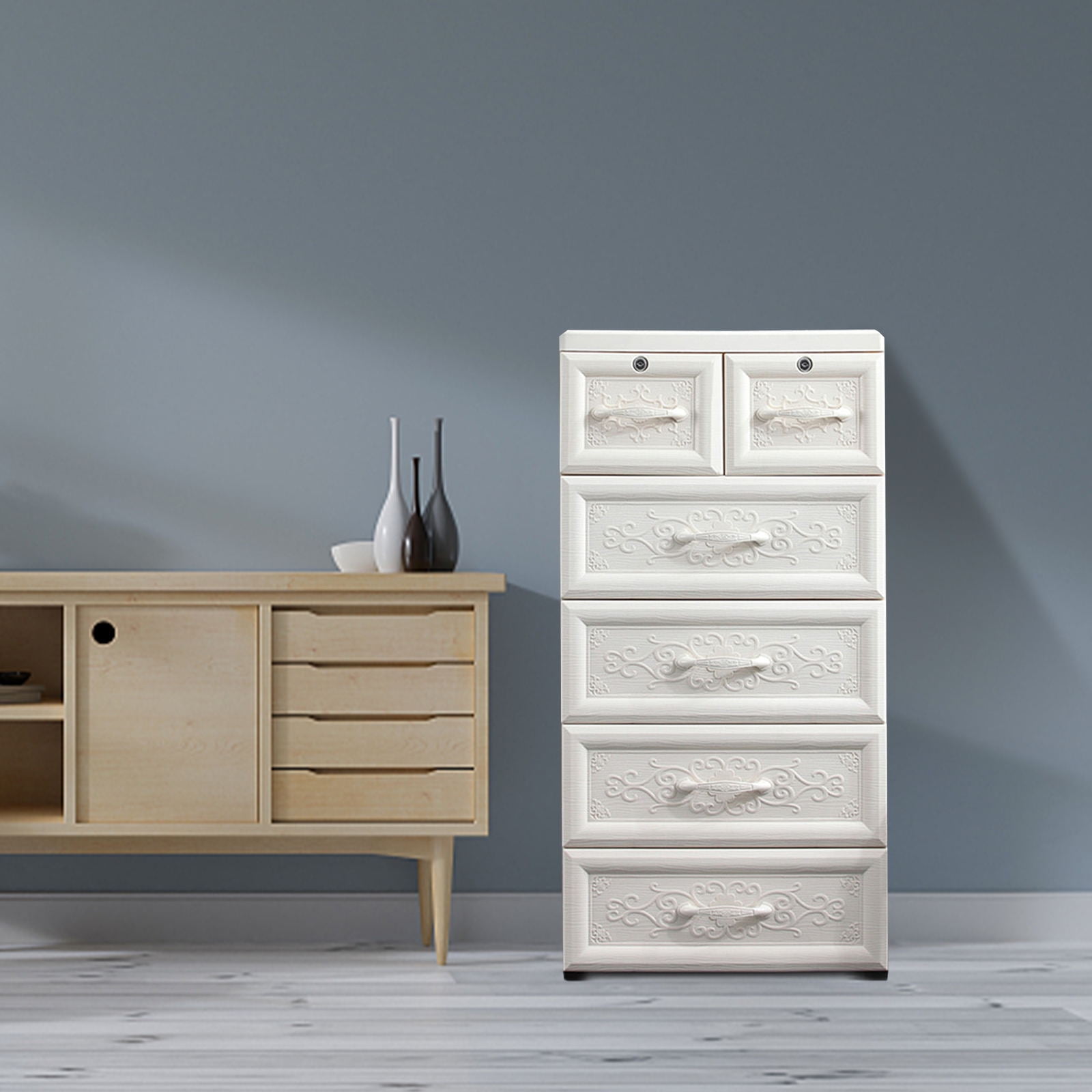 Wuzstar 6 Drawer Storage Cabinet Drawers Plastic Large-capacity Nightstand Chest Dresser W/Silent Rollers