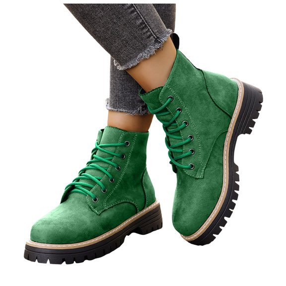 HEWUQI Women's Ankle Boots Lace up Suede Vintage Non Slip Platform Combat Boots Round Toe Work Hiking Casual Winter Fall Shoes Green Size 8