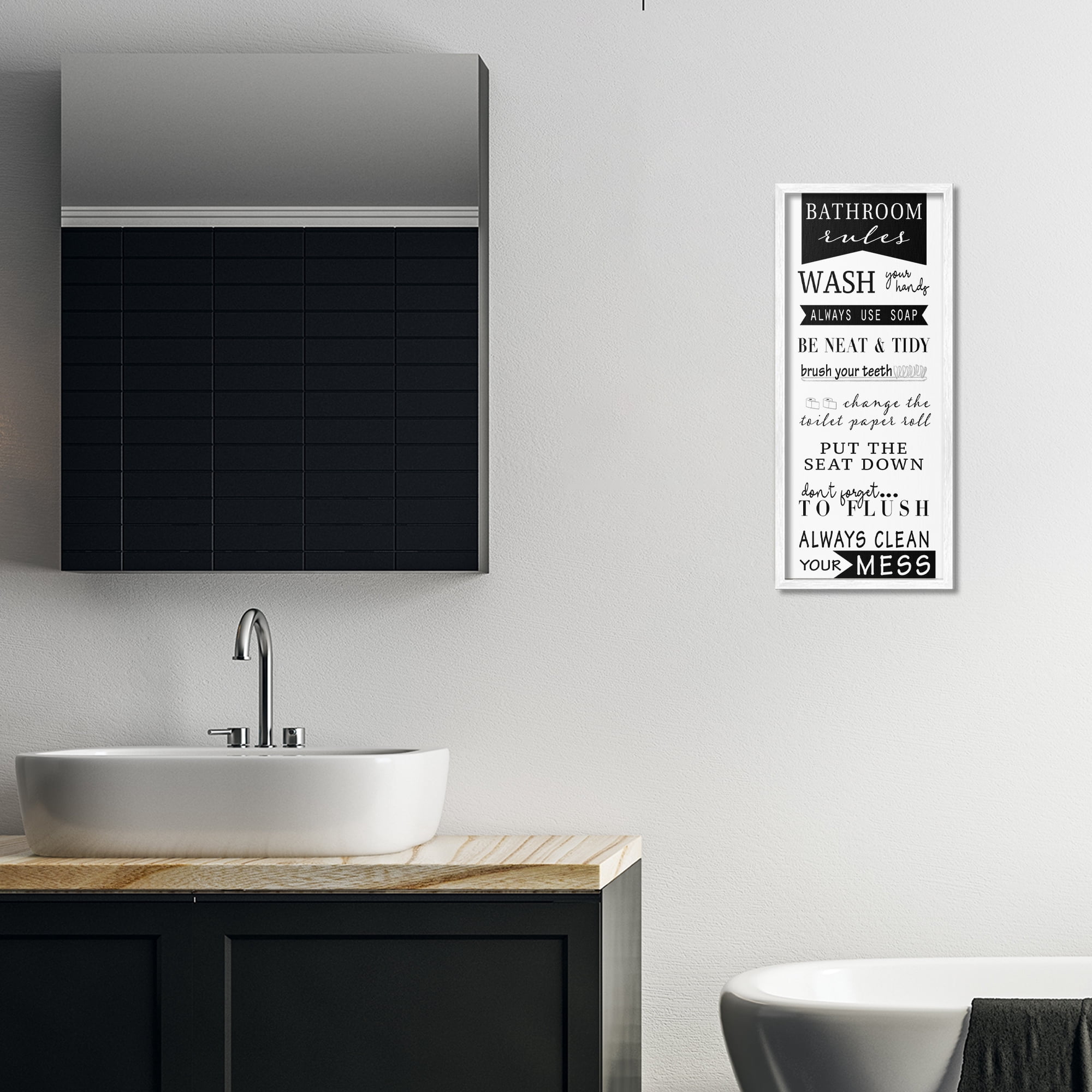 Stupell Industries Black Bathroom Rules Typography Painting White Framed Art Print Wall Art, 10 x 24