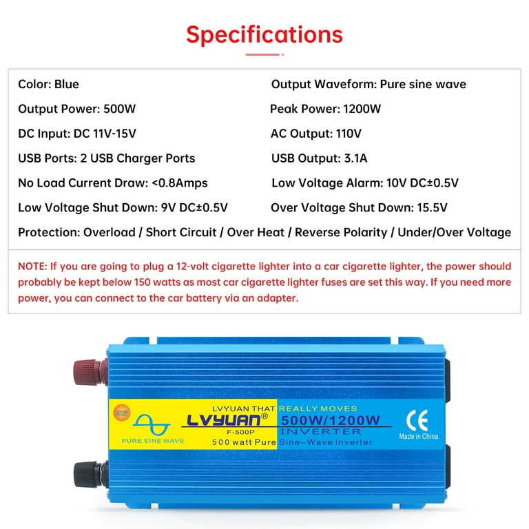 LVYUAN 500W Pure Sine Wave Power Inverter DC 12V to AC 110V 120V 