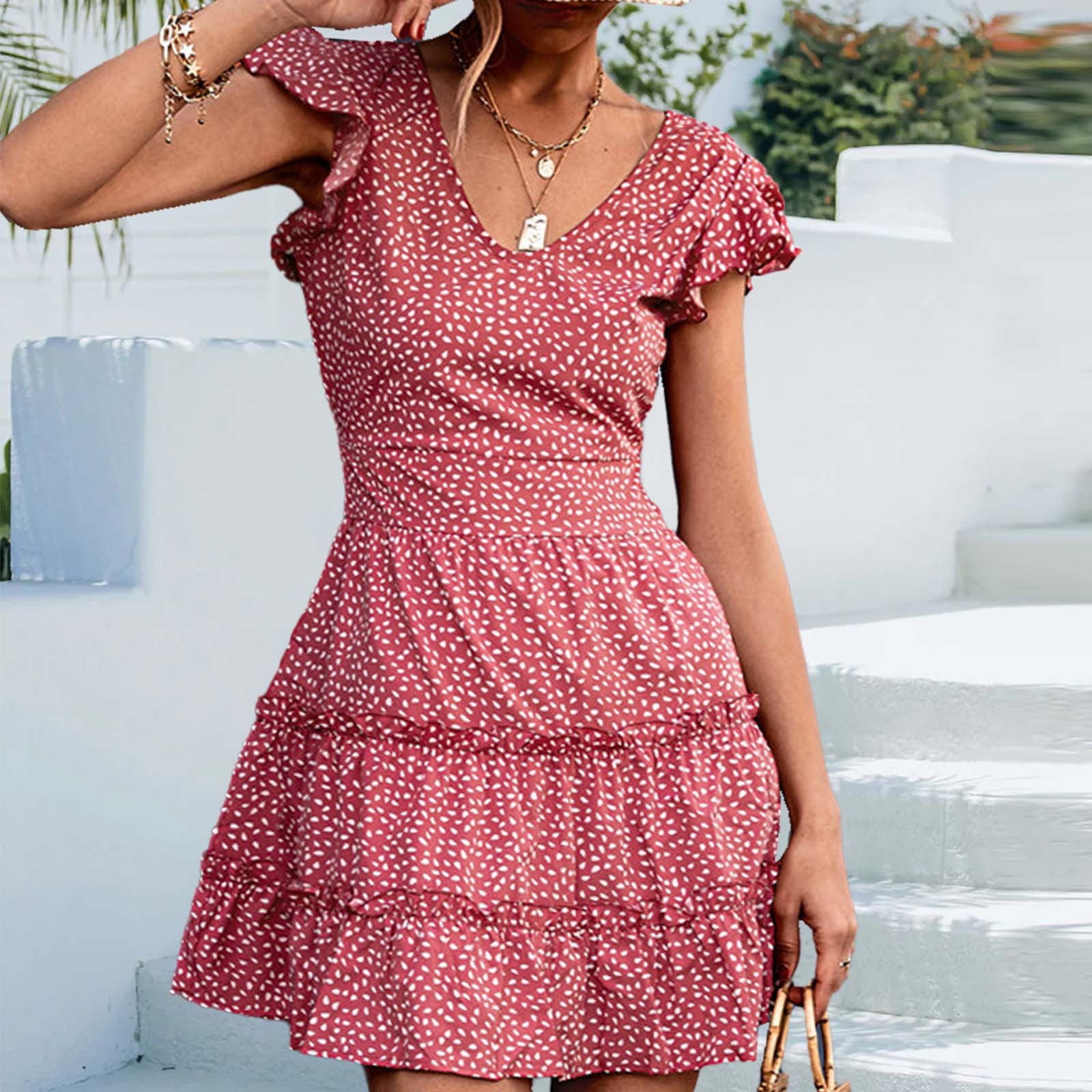 BEBUTTON Womens Summer Casual Solid Sundress Sexy V-Neck