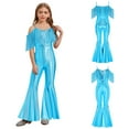 thumbnail image 7 of TiaoBug Kids Girls Metallic Tassels Off Shoulder Flared Jumpsuit 70s Party Hippie Disco Dance Unitards Green 16, 7 of 7