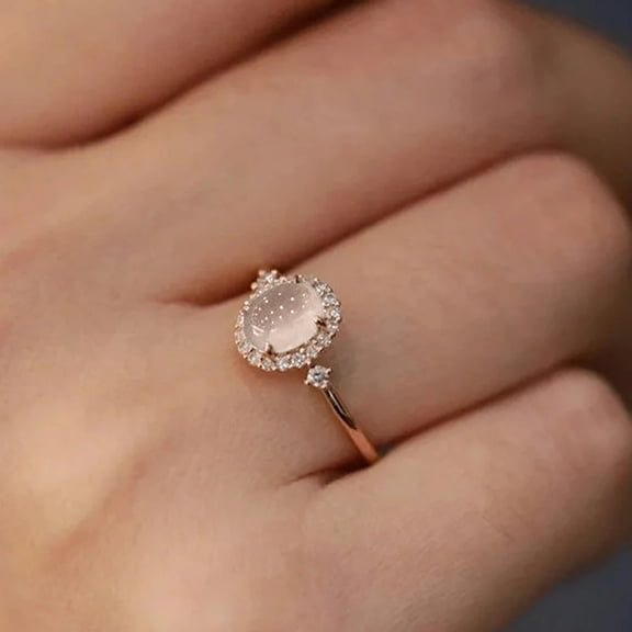 Z.LP Jewelry Rose Gold Plated Oval Moonstone - Ring with Crystal Halo