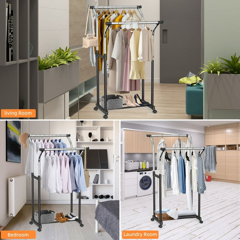 Nefoso Double Rails Clothing Garment Rack Portable Adjustable Clothes Rack with 4 Universal Wheels Standard Rolling Clothes Organizer Y Shape Metal